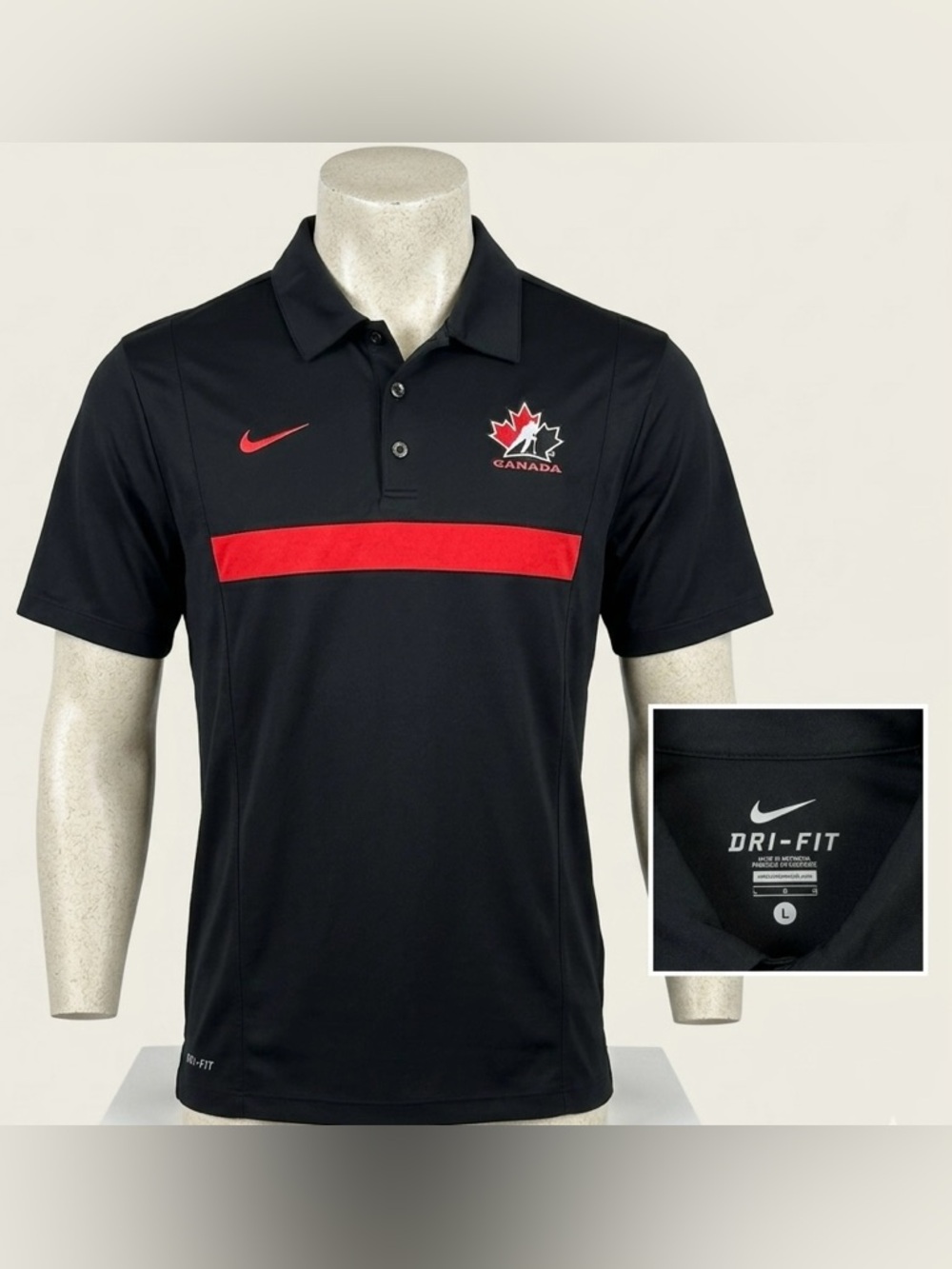 Nike Hockey Canada Dri-FIT Polo Mens Large Black Red Stripe Golf Sports FA11